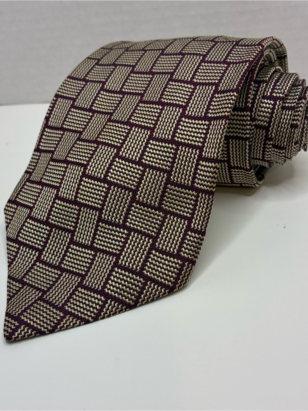 Lauren Silk Tie Purple Gray Geometric Basketweave Handmade 58x3.75